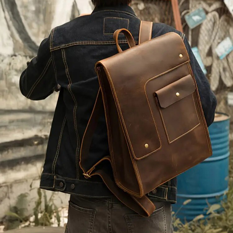Laptop Bag Leather 15 - Vintage herenrugzak Crazy horse echt leer